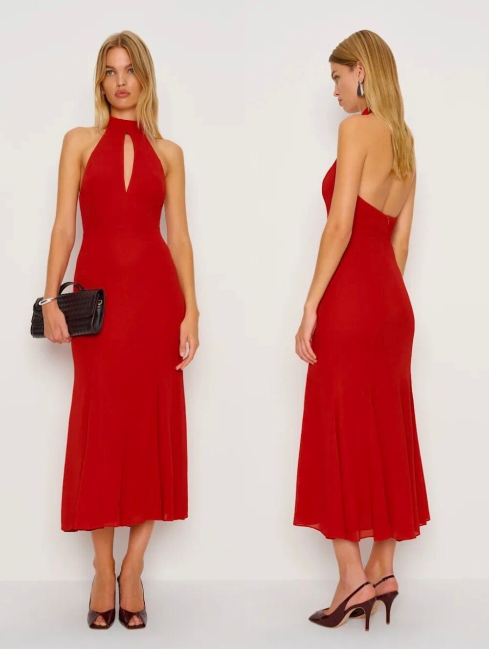 NWT REFORMATION Red Noele Keyhole Halter Fitted Silhouette Evening Midi Dress